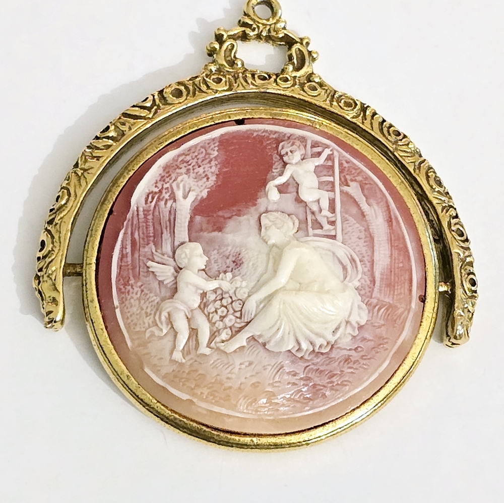 Huge Vintage Goldette Cameo Framed Drop Necklace Pendant